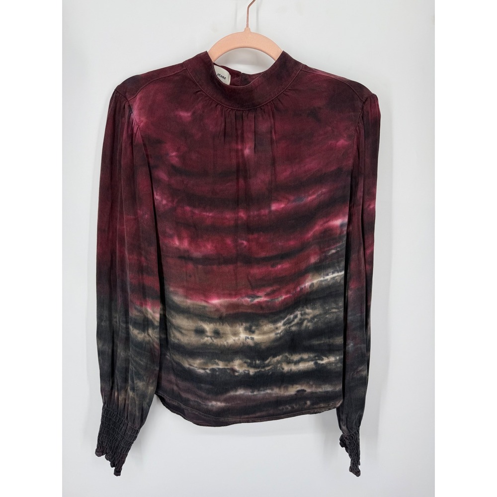 Cloth & Stone Blouse Women Small Burgundy Tie-Dye Mock Neck Bella Dahl Artsy - Picture 1 of 9